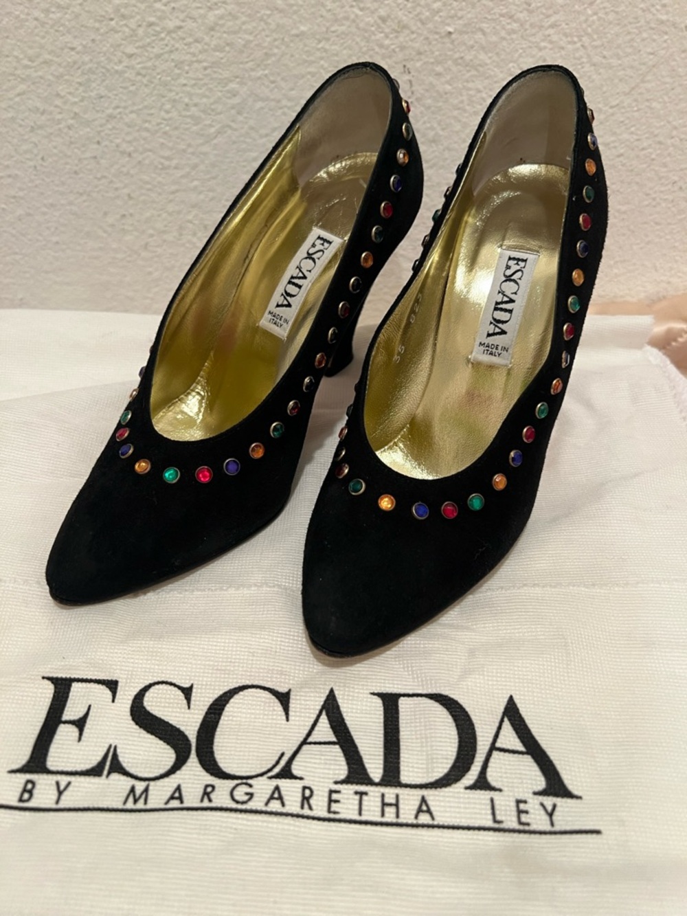 Vintage Escada Black Suede Pointed Pumps with Multicolor Gem Studs